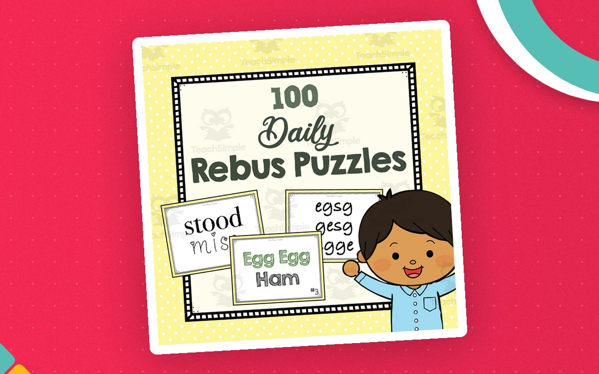 100 Daily Rebus Puzzles cover with sample visual sayings and student illustration.