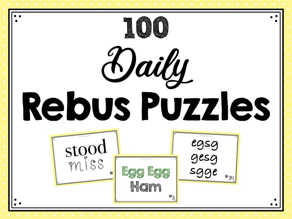 100 Daily Rebus Puzzles cover showing three sample cards: stood over miss, Egg Egg Ham, and scrambled egsg letters