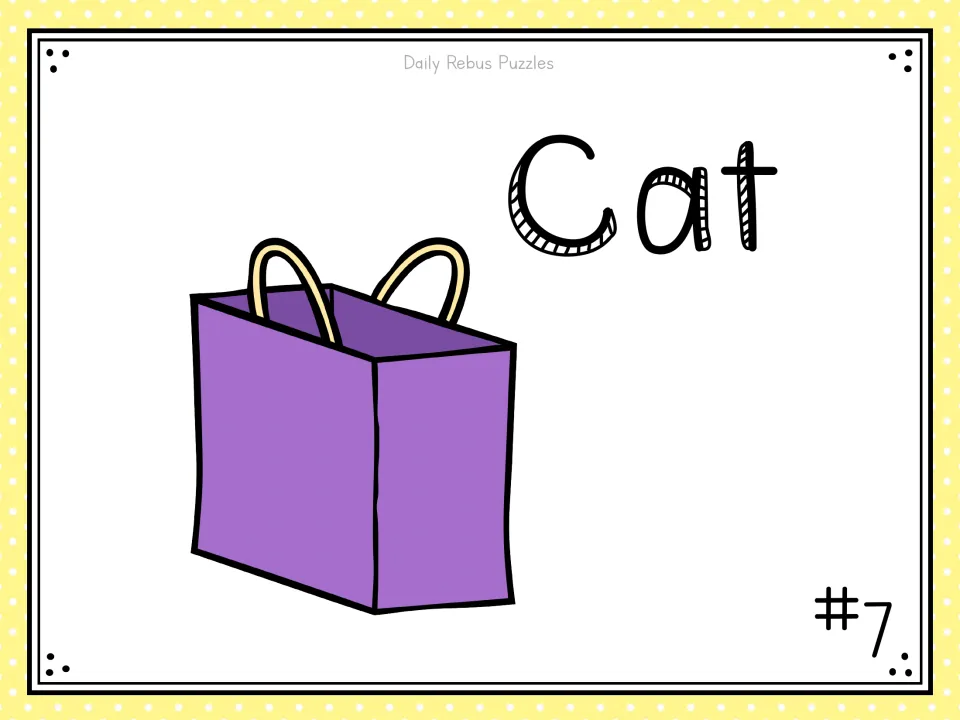 Rebus puzzle #7: the word Cat beside a purple shopping bag; students work out the idiom from where the word sits