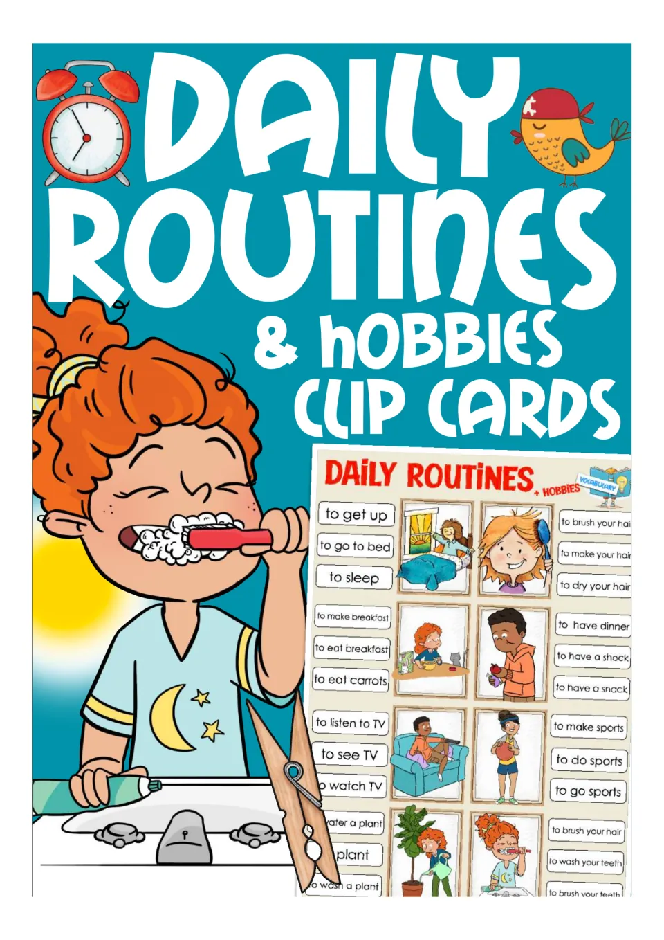 Cover of the daily routines and hobbies clip-card resource for vocabulary and spelling practice