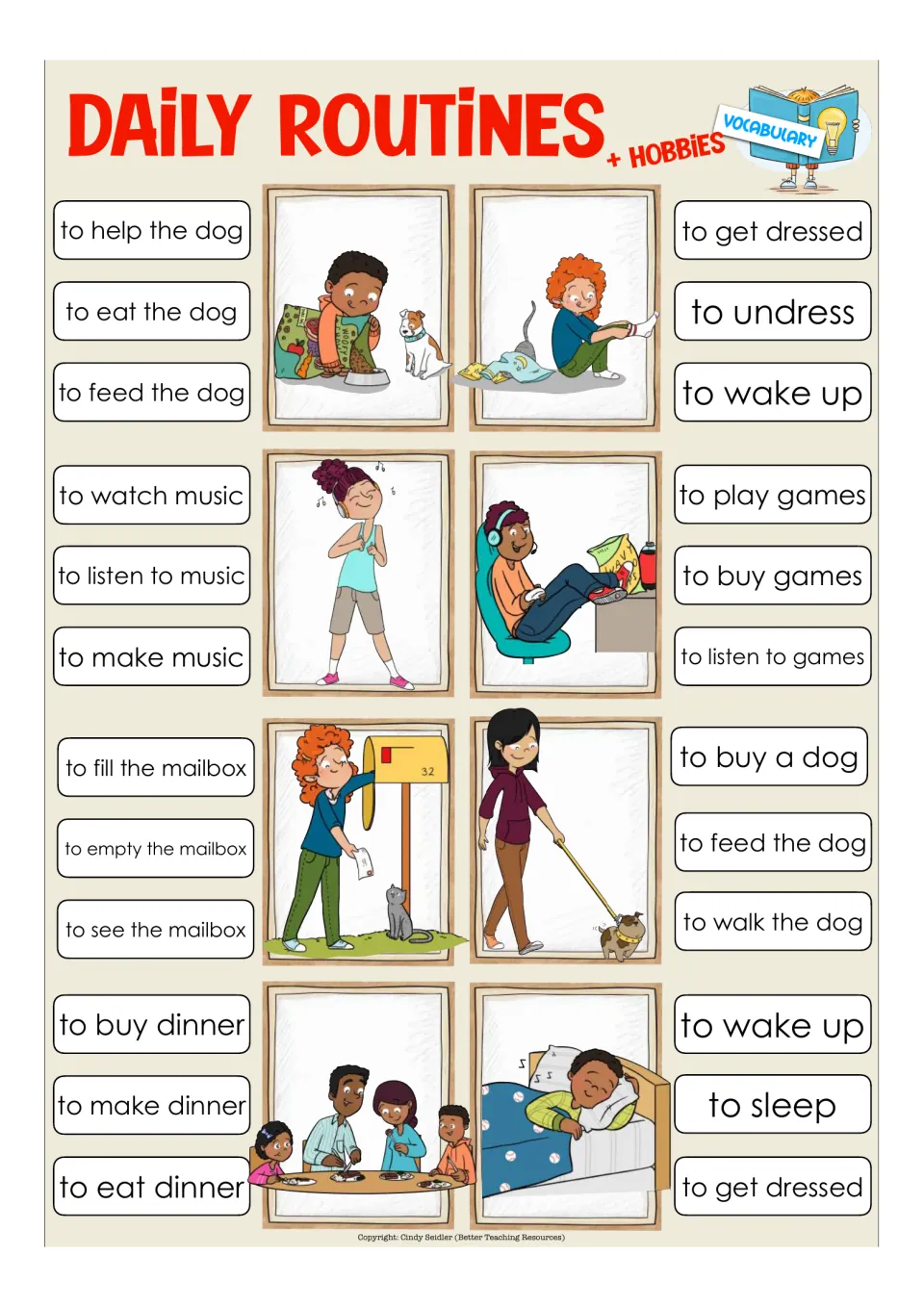 Eight vocabulary clip-card items: feed the dog, get dressed, listen to music, play games, and four more
