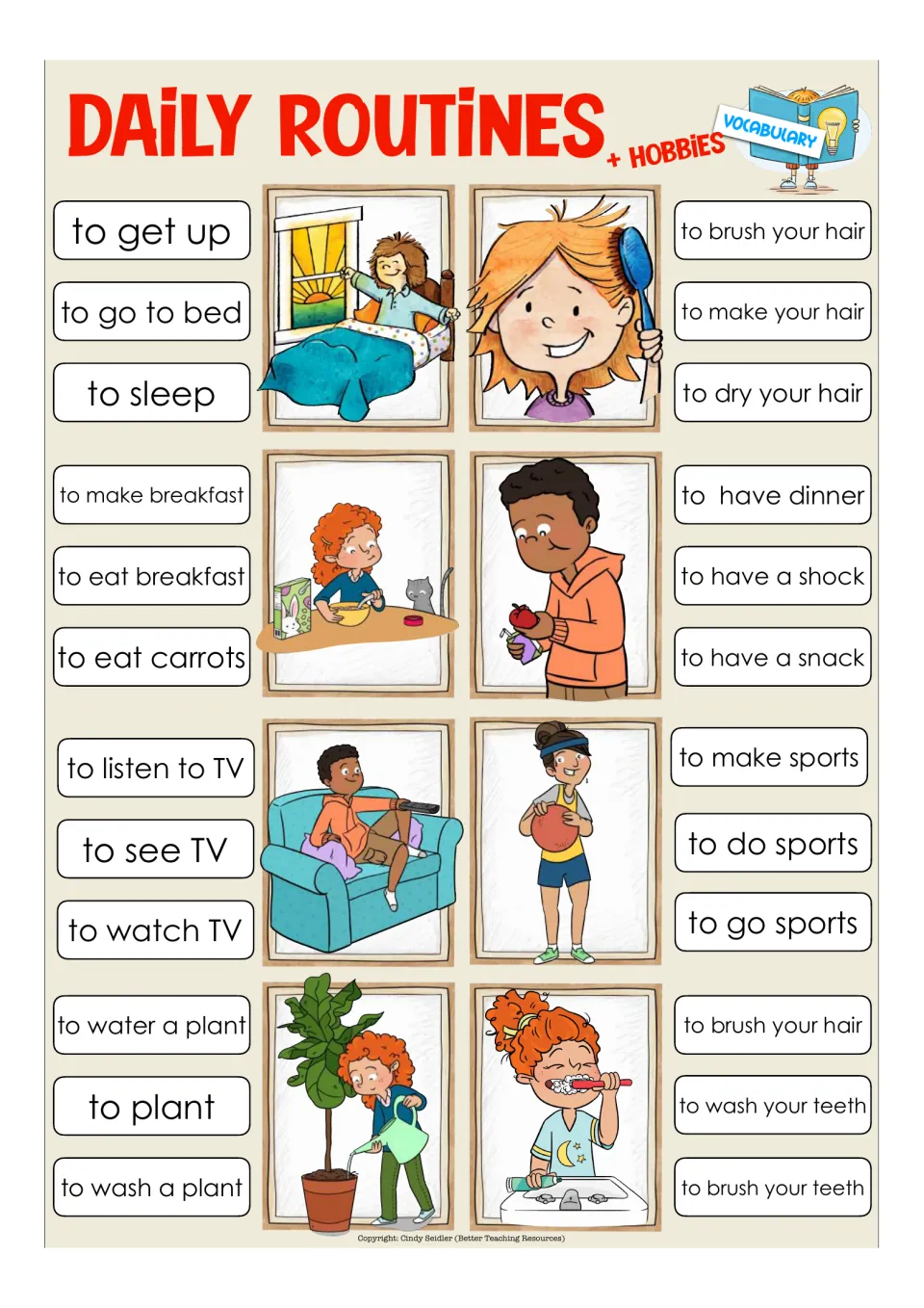 Eight vocabulary clip-card items: get up, brush your hair, eat breakfast, have a snack, and four more