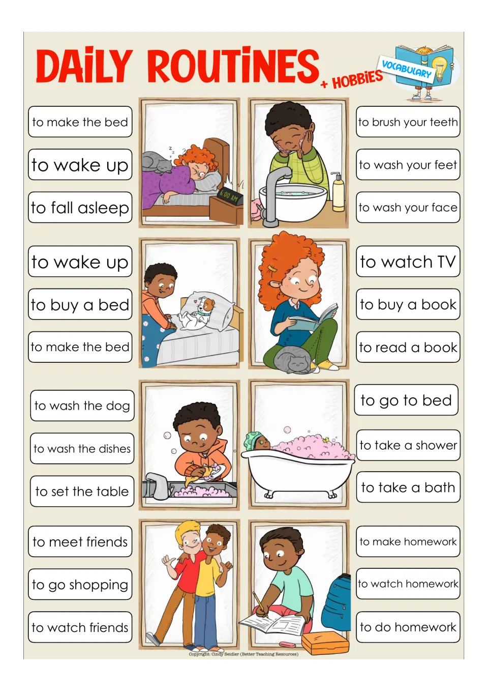 Eight vocabulary clip-card items: wake up, wash your face, make the bed, read a book, and four more