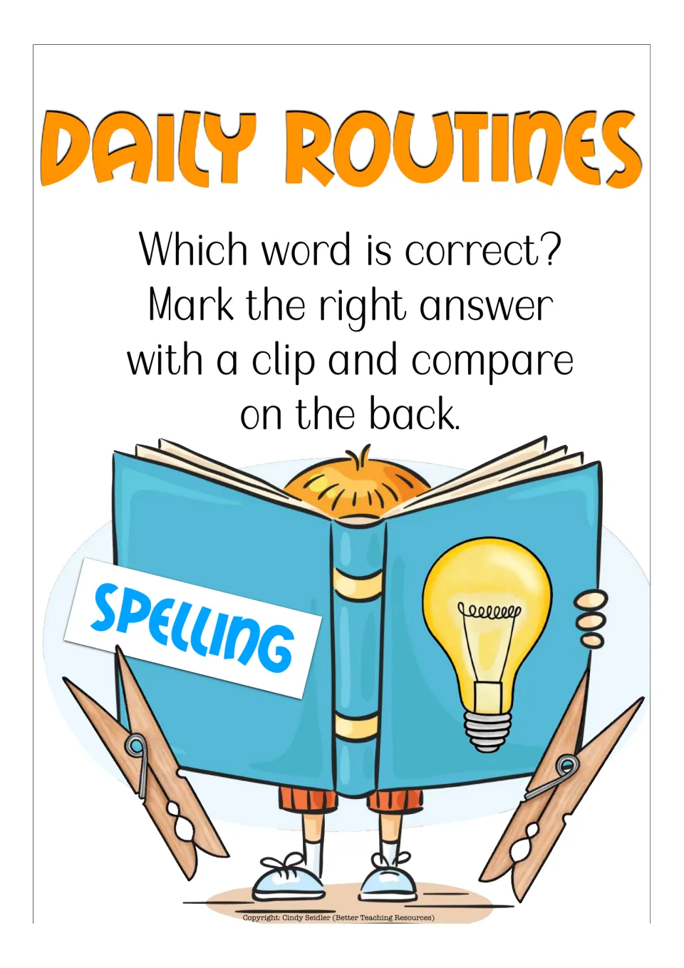 Spelling clip-card directions: choose the correct word, mark the answer with a clip, and check the back