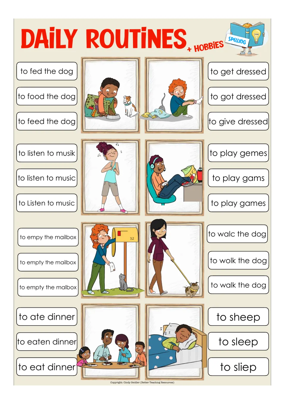 Eight spelling clip-card items: choose feed the dog, get dressed, listen to music, and five more