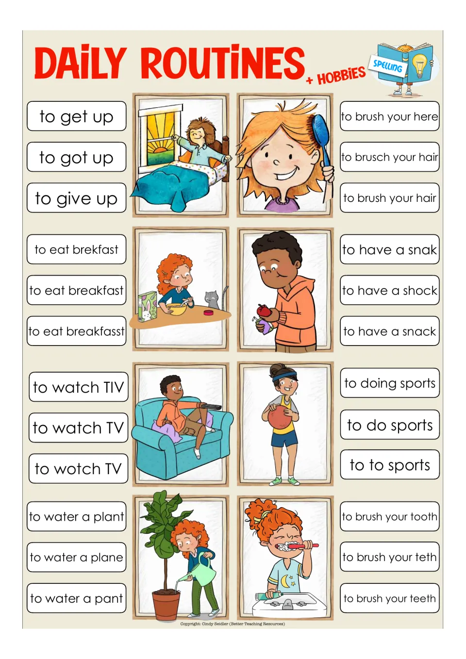 Eight spelling clip-card items: choose get up, brush your hair, eat breakfast, have a snack, and four more