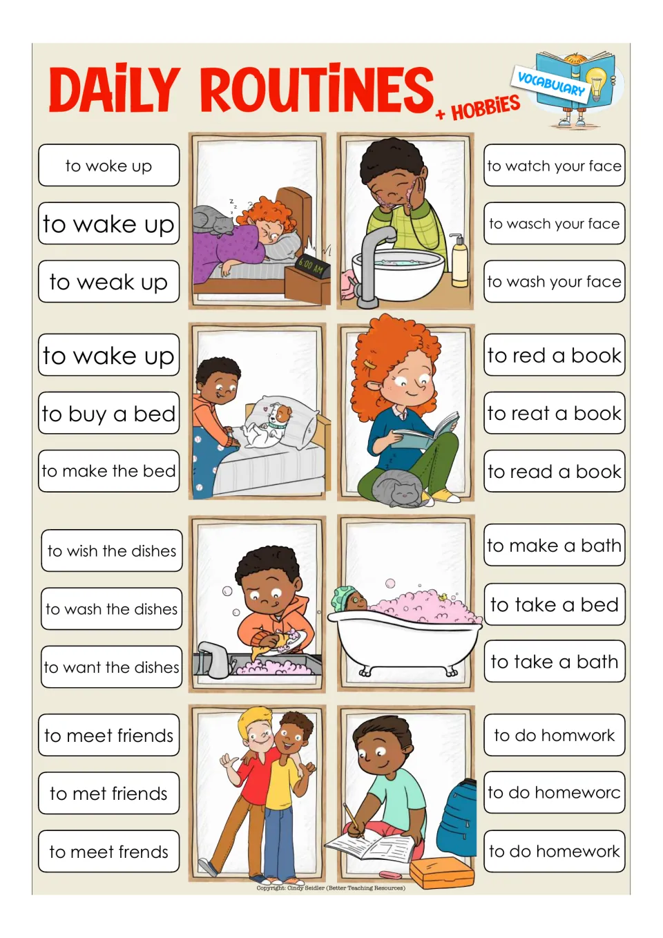 Eight final clip-card items practice word choice and spelling for wake up, wash your face, and six more