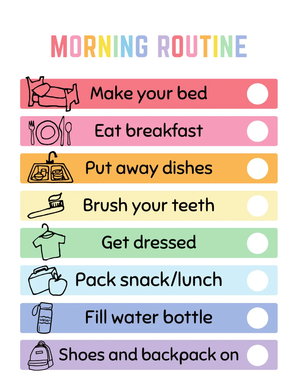 Morning routine checklist: kids tick off 8 pictured tasks from make your bed and eat breakfast to shoes and backpack on