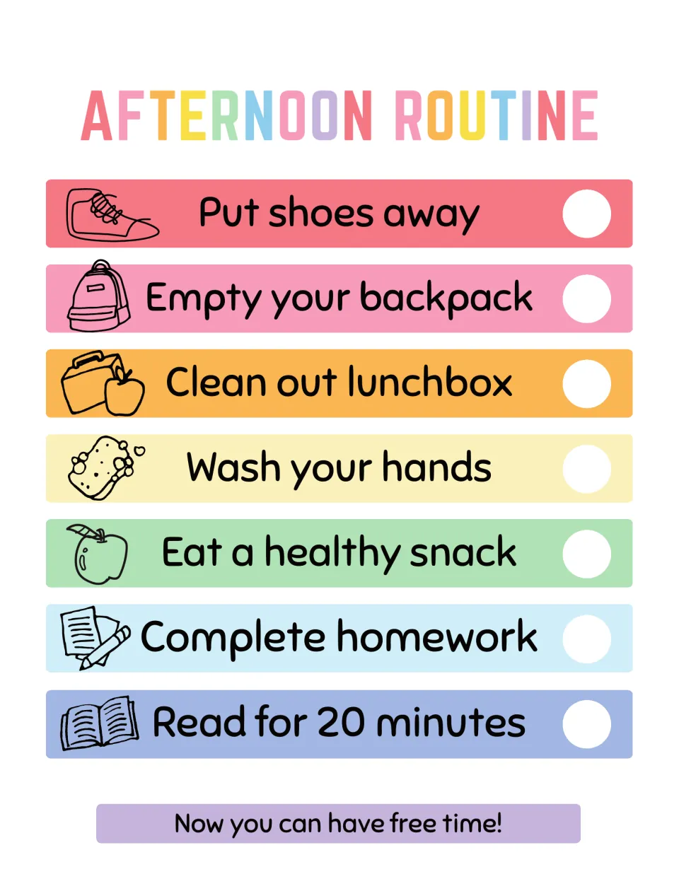 Afternoon routine checklist: kids tick off 7 tasks like empty your backpack, complete homework and read for 20 minutes