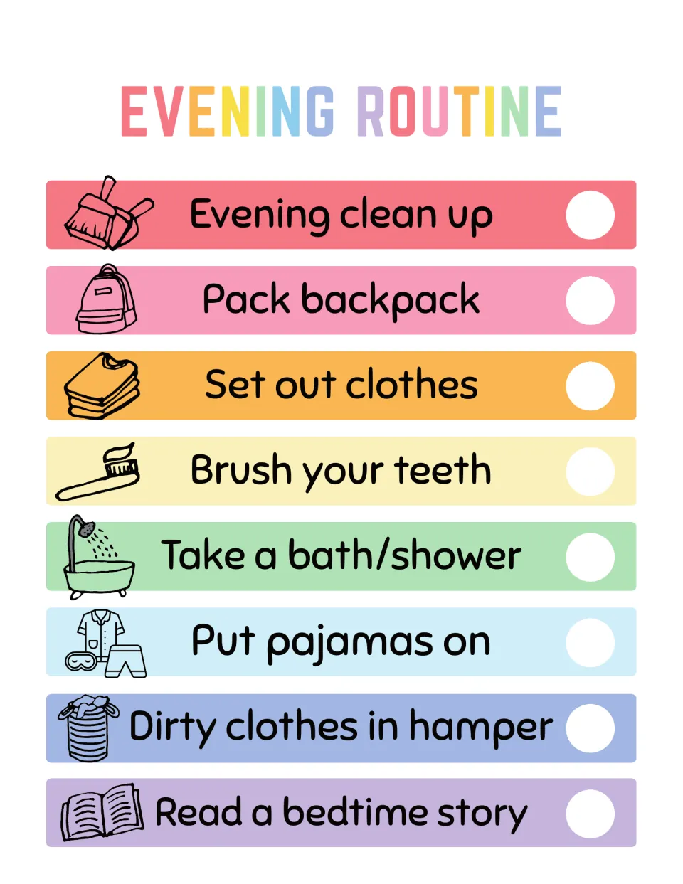 Evening routine checklist: kids tick off 8 bedtime tasks from evening clean up and bath to pajamas and a bedtime story