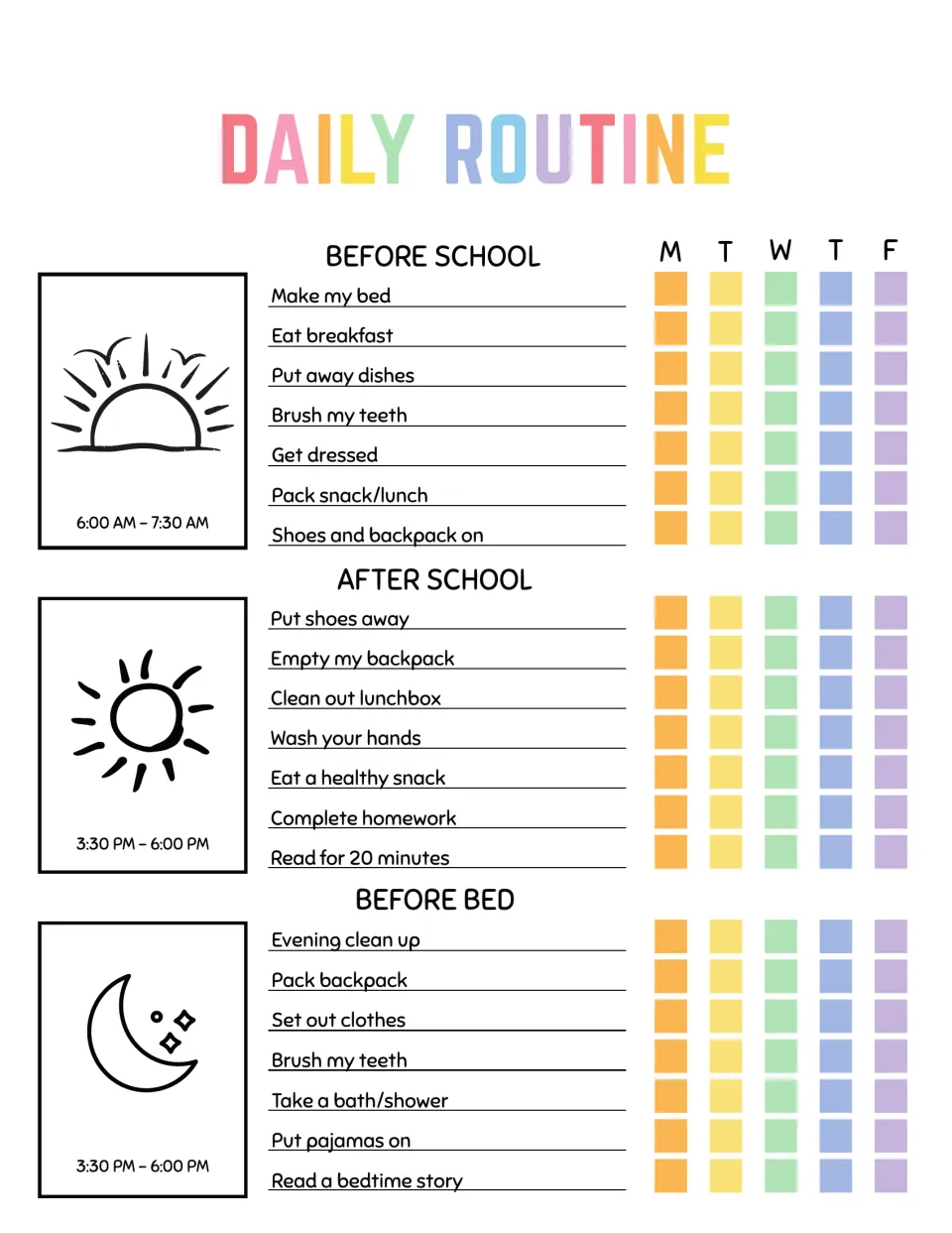 Weekly routine tracker: before school, after school and before bed tasks with Monday to Friday boxes to mark each day