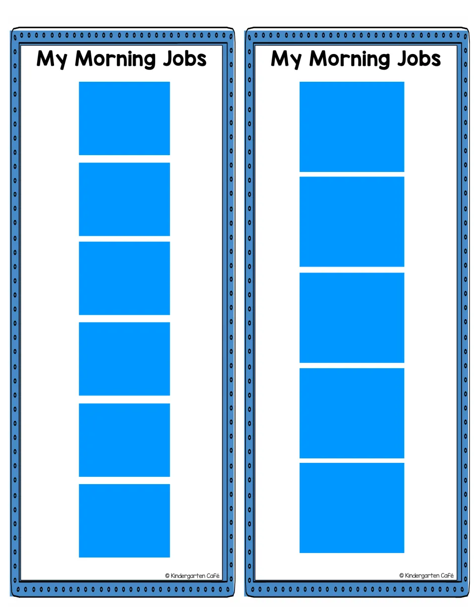 'My Morning Jobs' routine charts in two versions, with space for six picture cards or five picture cards.