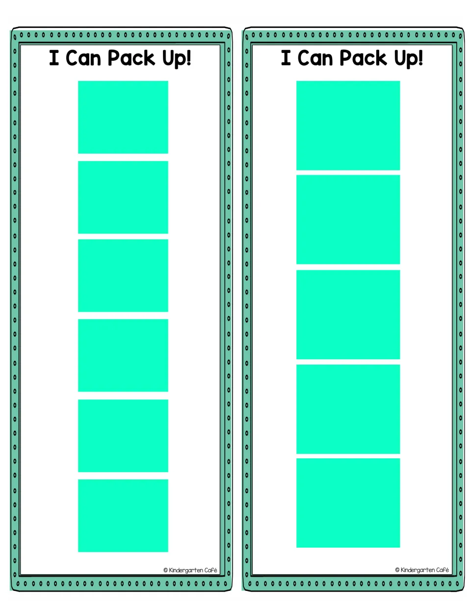 'I Can Pack Up!' routine charts in two versions, with space for six picture cards or five picture cards.