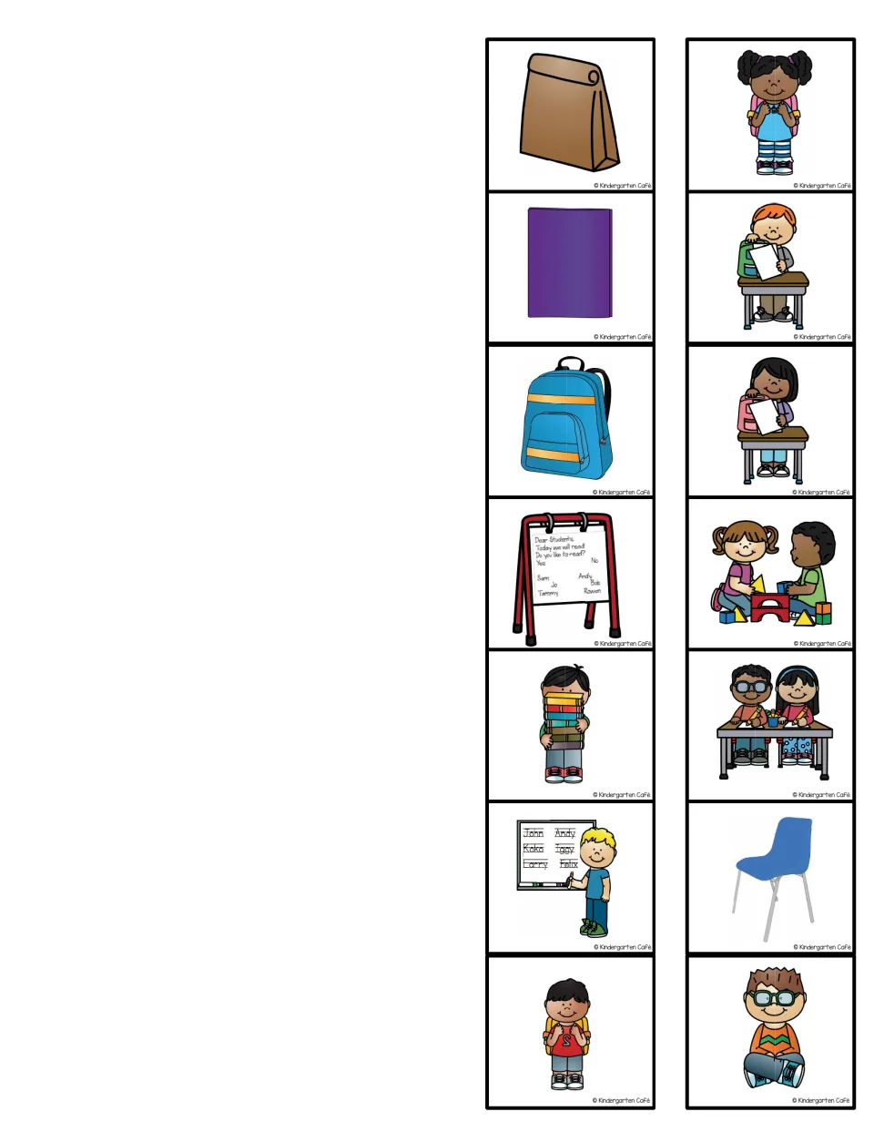 Fourteen color picture cards for morning and pack-up routines, including a lunch bag, folder, and backpack.