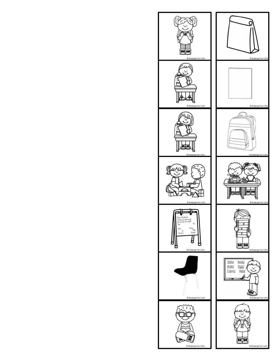 Fourteen black-and-white picture cards for morning and pack-up routines, including a chair and books.