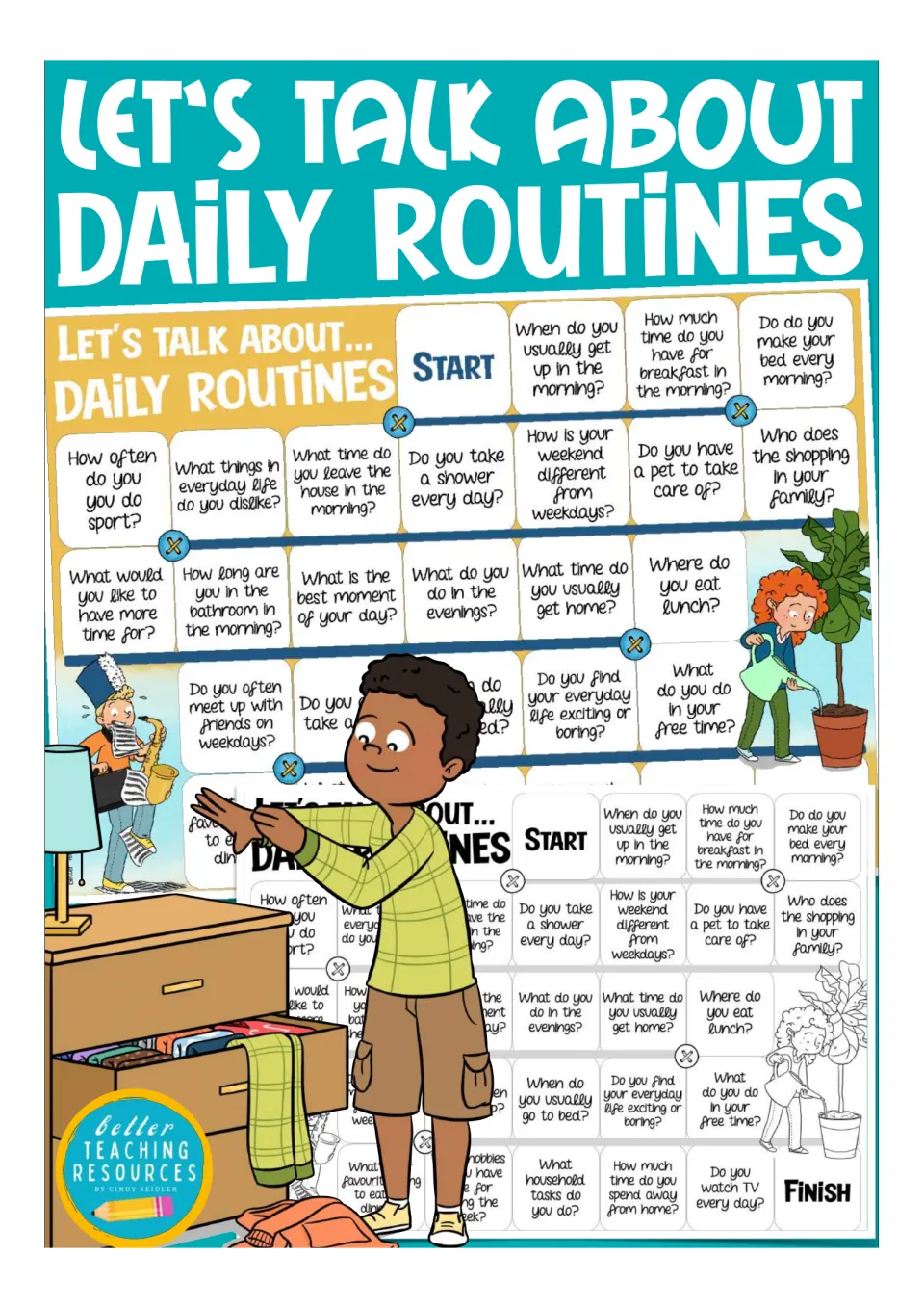 Let's Talk About Daily Routines cover showing the color and black-and-white question board games with Start and Finish