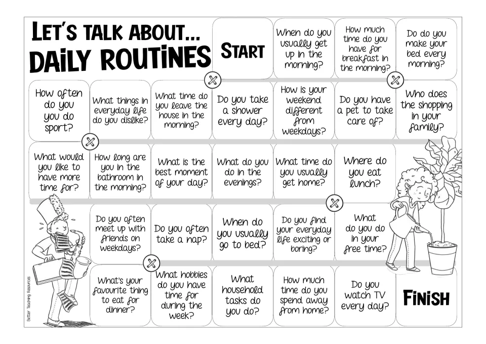Black-and-white daily routines board: students answer questions on naps, bedtime, chores and TV on the way to Finish