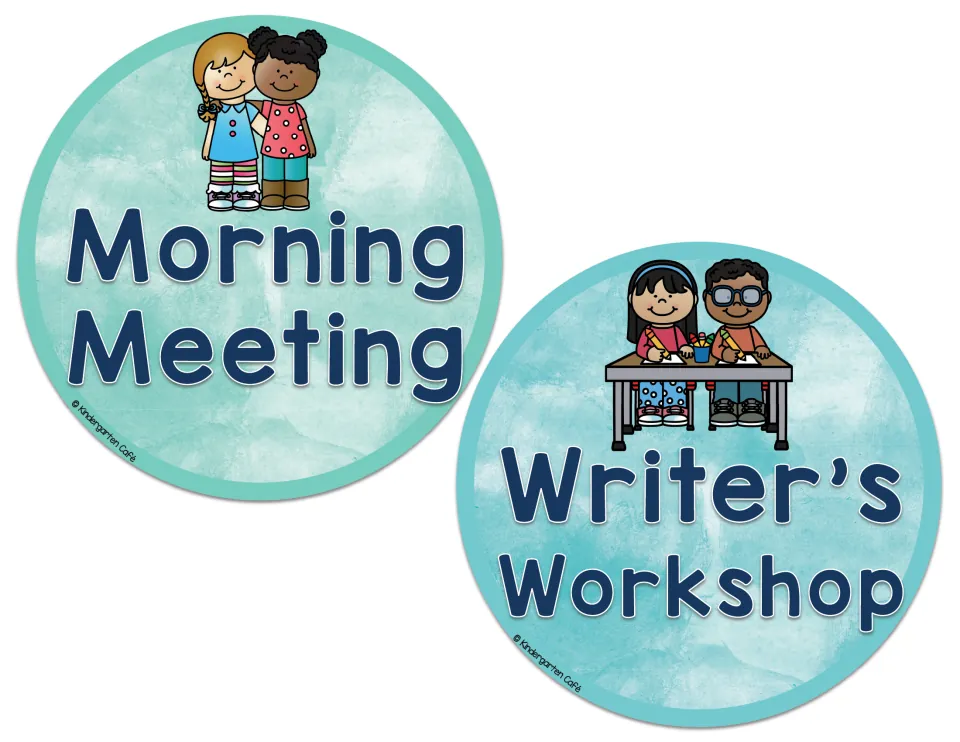 Morning Meeting and Writer's Workshop cards: two children standing together and two children writing at a desk