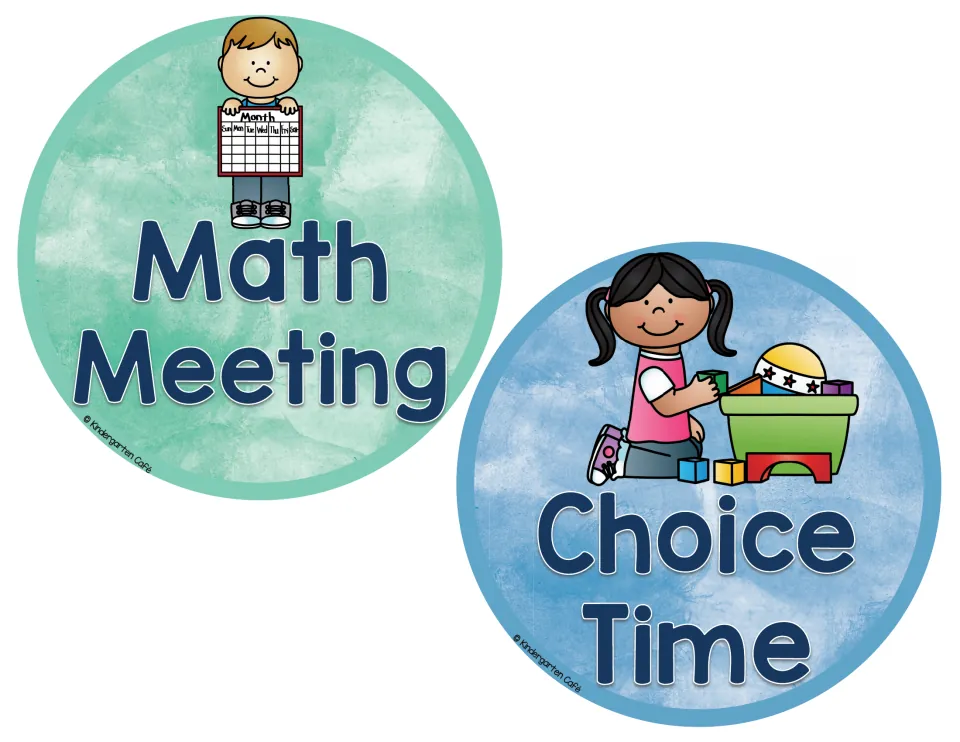 Math Meeting and Choice Time cards: a boy holding a month calendar and a girl building with blocks from a bin