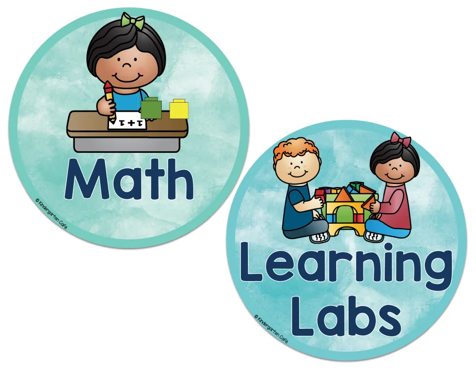 Math and Learning Labs cards: a girl writing 1 + 1 with cubes at her desk and two children building a block castle