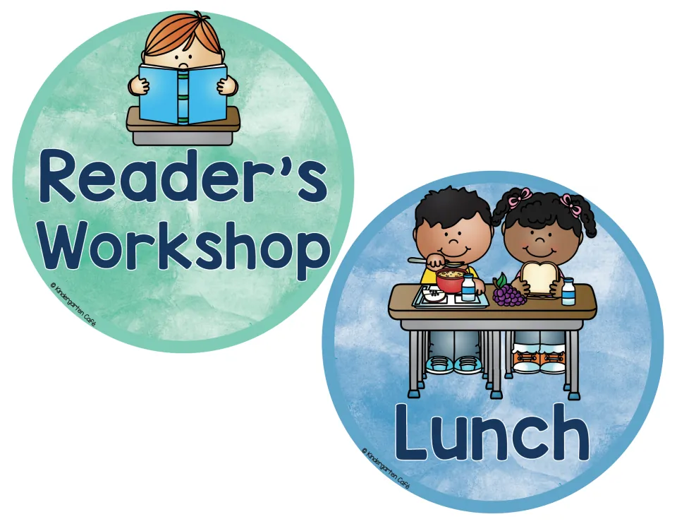 Reader's Workshop and Lunch cards: a boy reading a blue book at a desk and two children eating lunch at a table