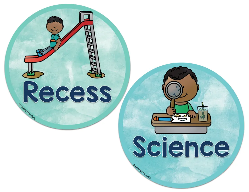 Recess and Science cards: a boy going down a playground slide and a boy looking through a magnifying glass