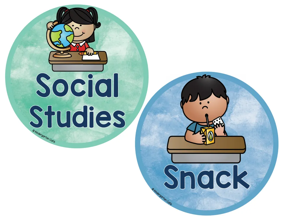 Social Studies and Snack cards: a girl with a globe at her desk and a boy sipping a juice box with a cracker