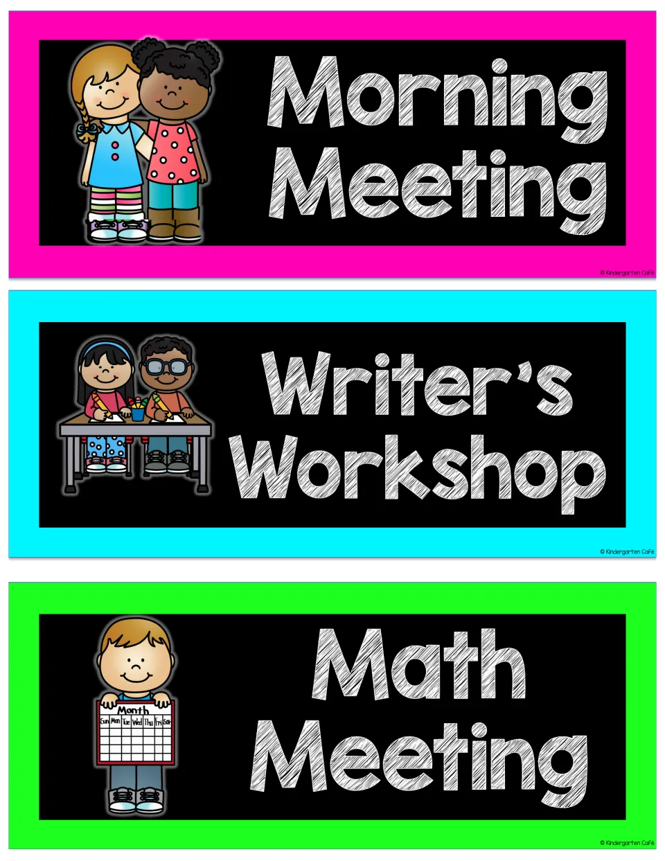 Morning Meeting, Writer's Workshop and Math Meeting schedule cards with kids hugging, writing and holding a calendar