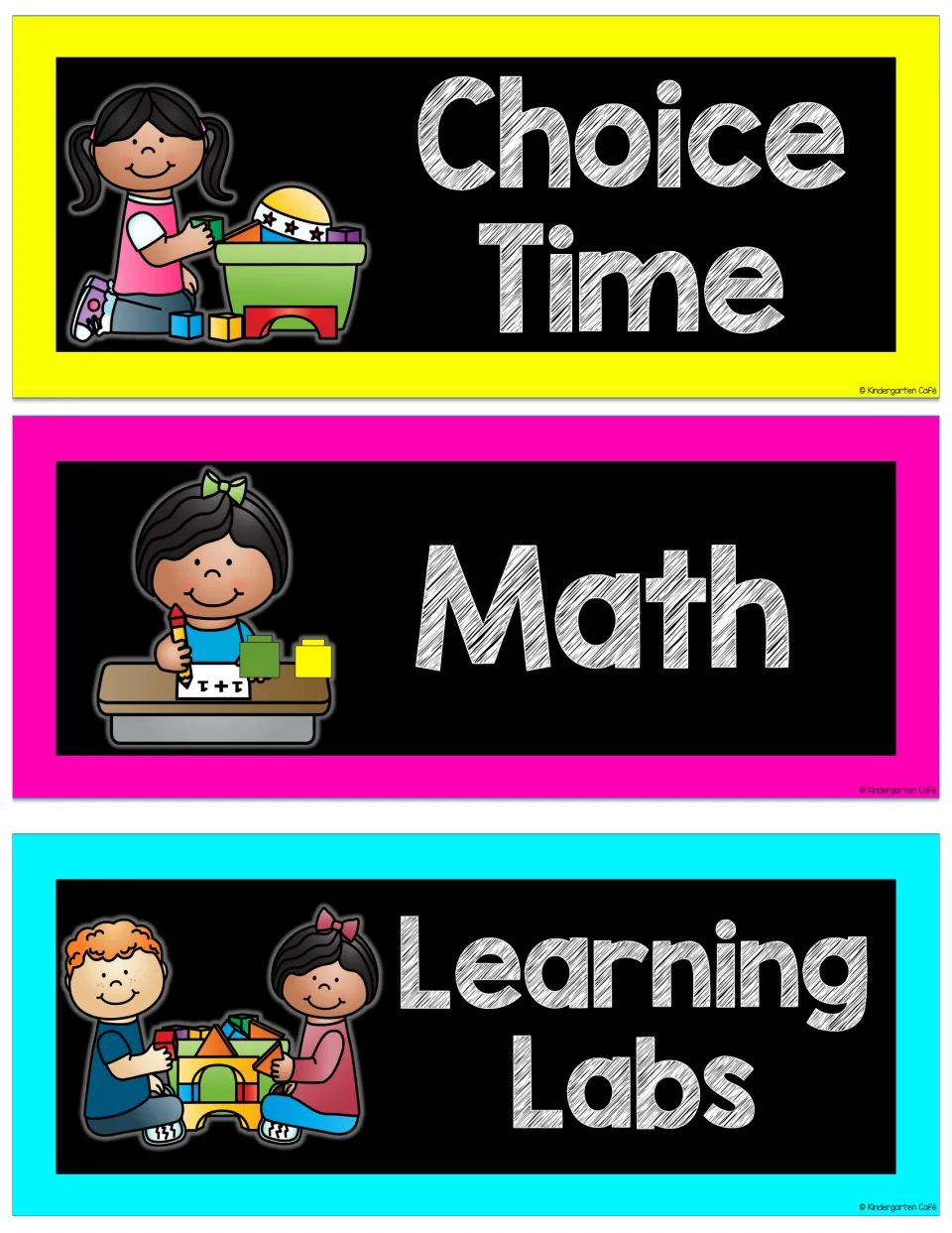 Choice Time, Math and Learning Labs cards showing children playing with blocks and writing an addition problem