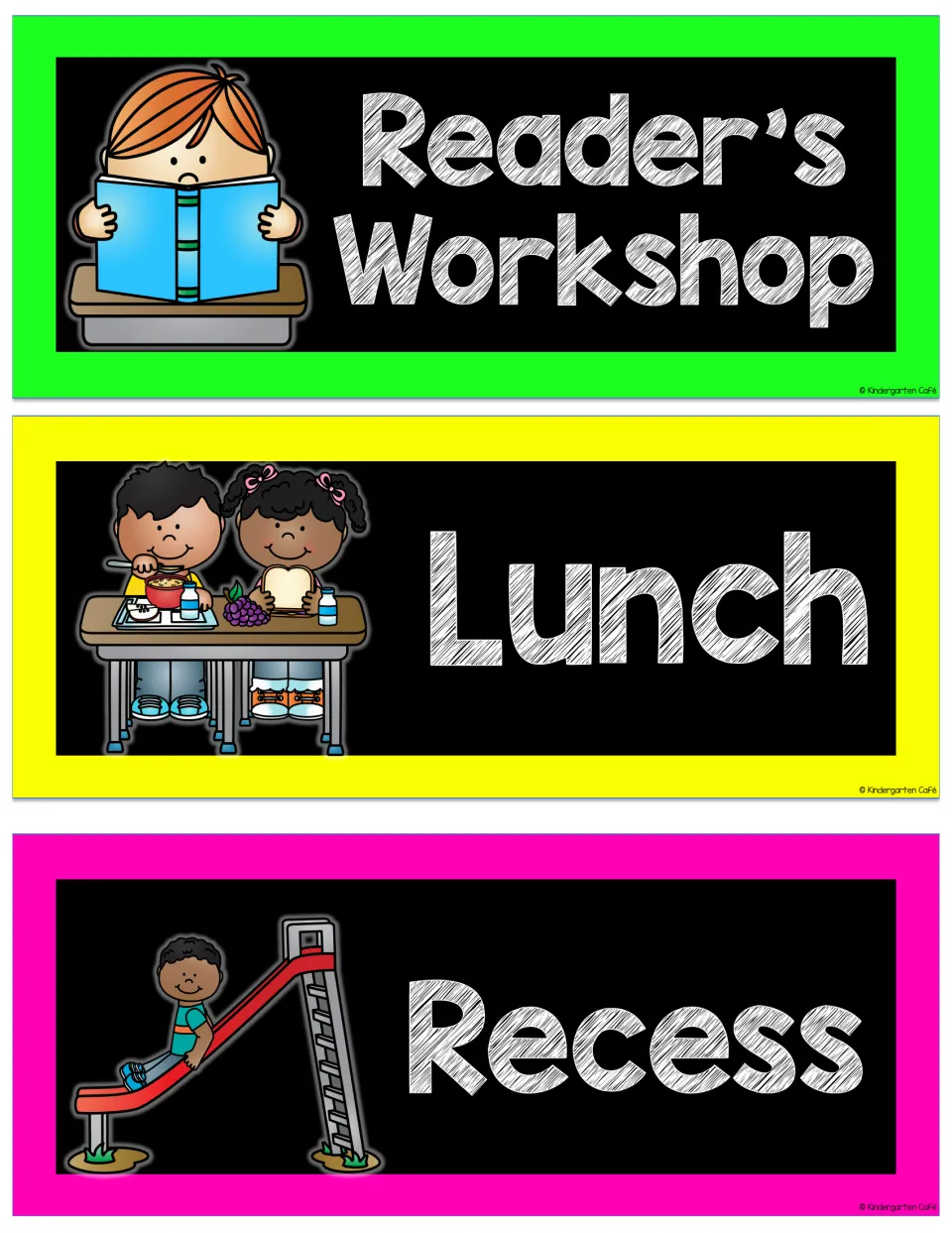 Reader's Workshop, Lunch and Recess schedule cards with a child reading, two kids eating lunch and a child on a slide