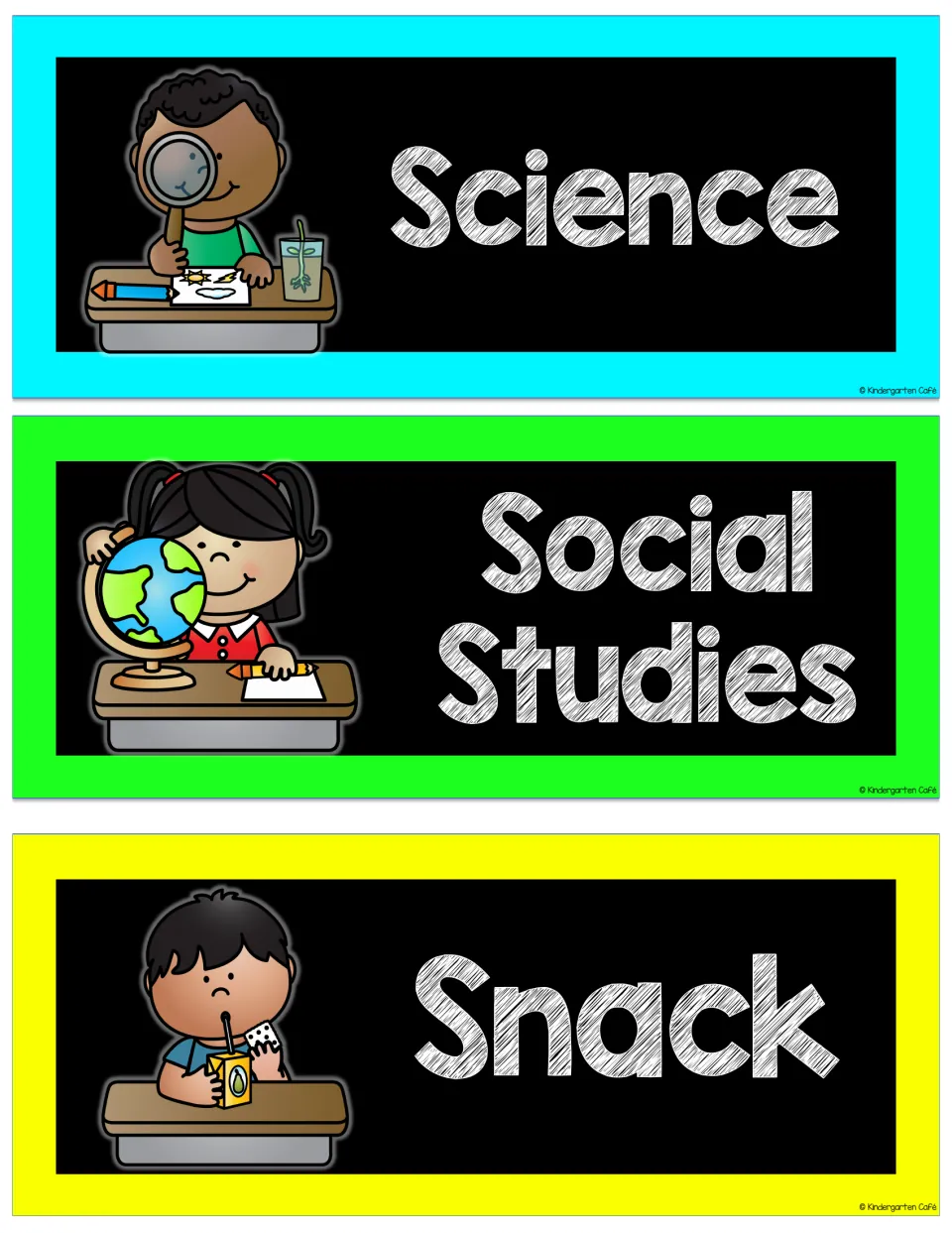 Science, Social Studies and Snack cards with kids holding a magnifier, a globe and a juice box