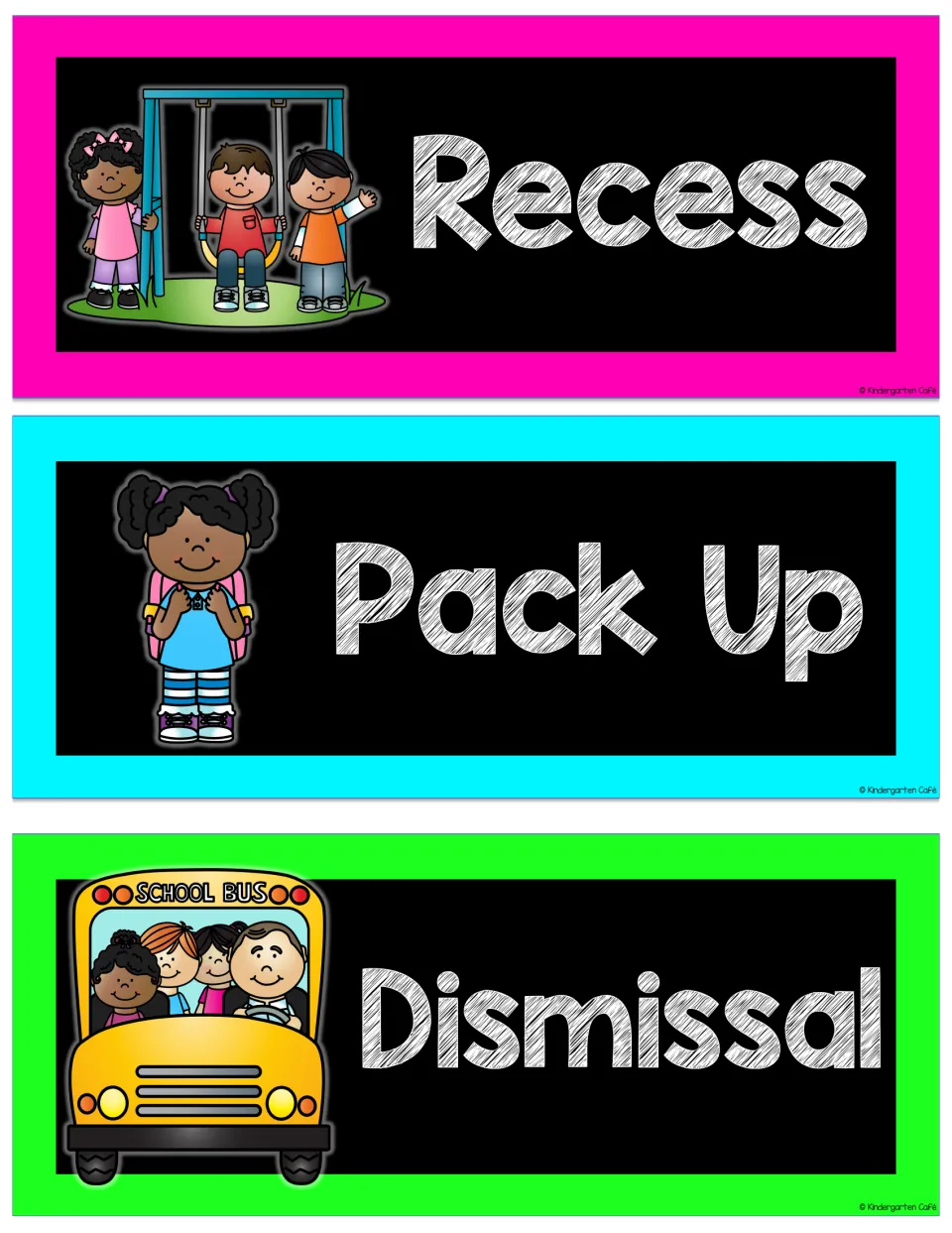 Recess, Pack Up and Dismissal schedule cards showing kids on a swing set, a child wearing a backpack and a school bus
