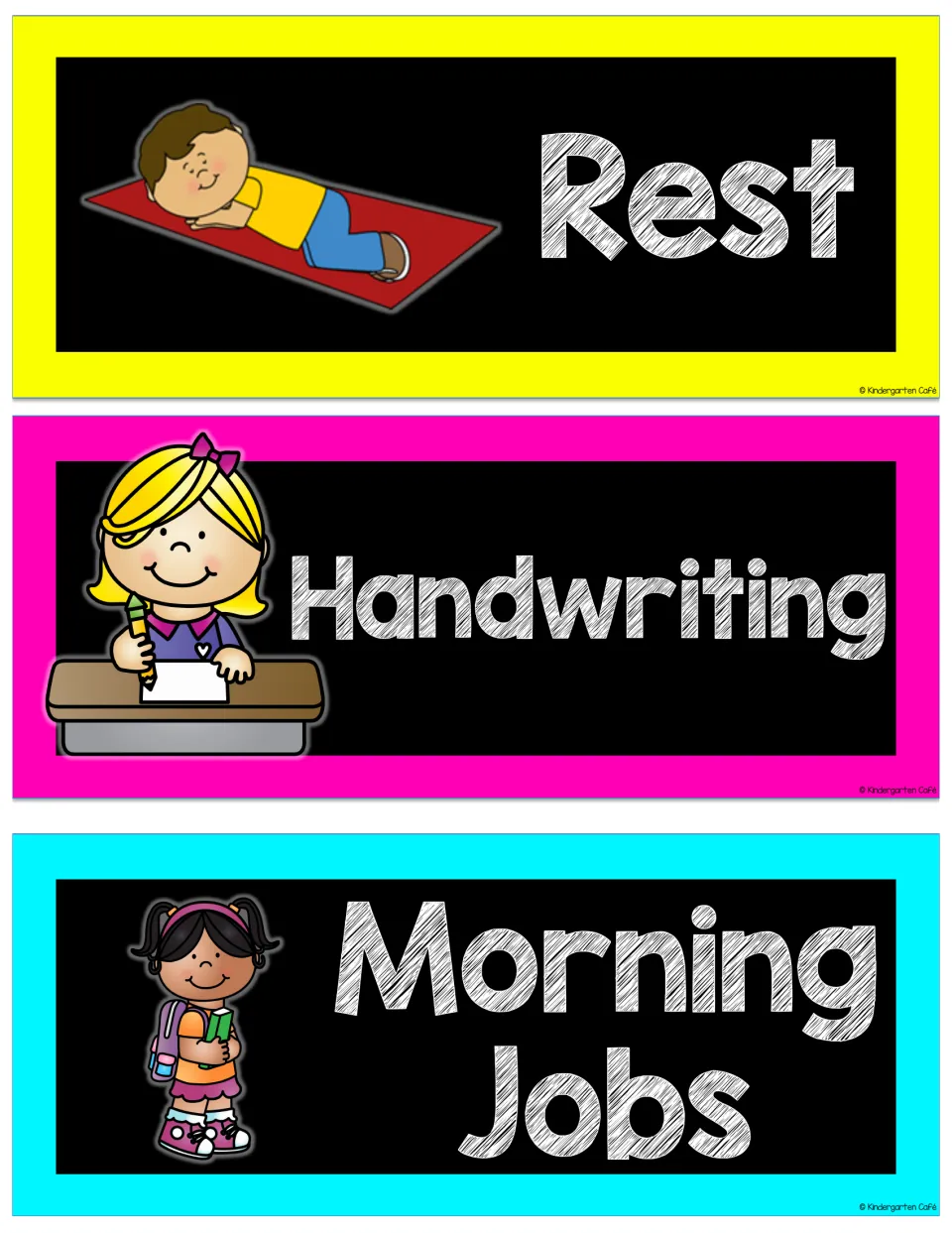 Rest, Handwriting and Morning Jobs cards with a boy napping, a girl writing and a child with a backpack