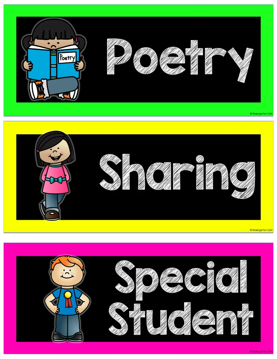 Poetry, Sharing and Special Student schedule cards with a child reading poems, a smiling girl and a boy with a ribbon