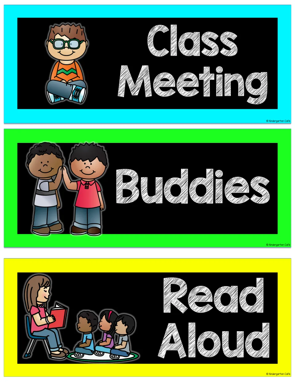Class Meeting, Buddies and Read Aloud cards with a seated boy, two kids high-fiving and a teacher with a book