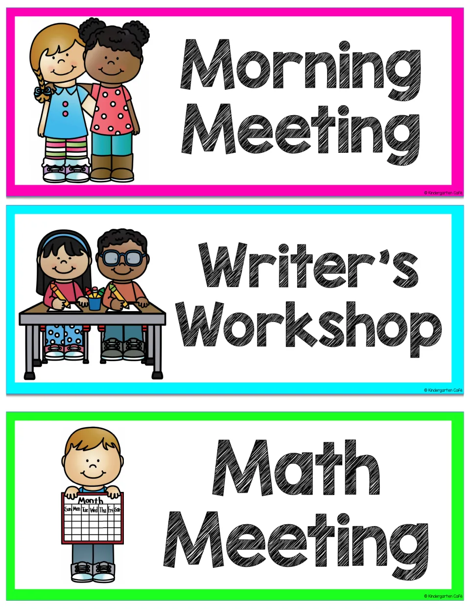 Morning Meeting, Writer's Workshop and Math Meeting schedule cards: kids writing at a desk, a boy holding a calendar