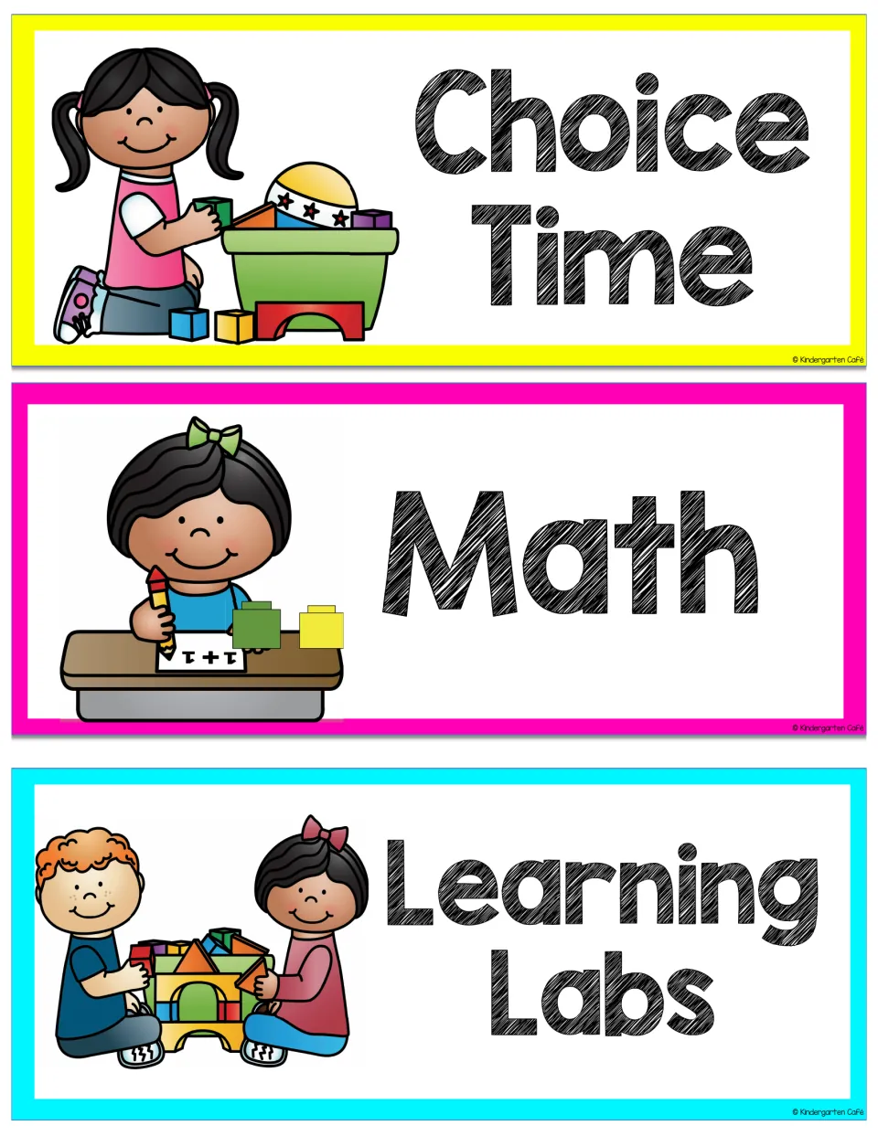 Schedule cards for Choice Time, Math and Learning Labs, with a girl playing with blocks and two kids building a castle