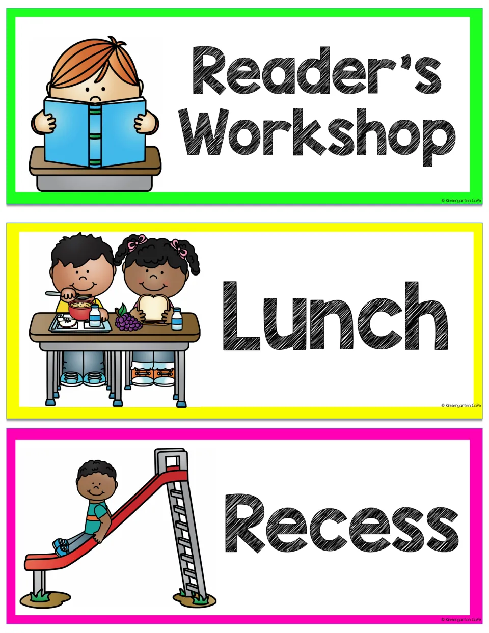 Schedule cards for Reader's Workshop, Lunch and Recess, with a boy reading a book, two kids eating and a child on a slide