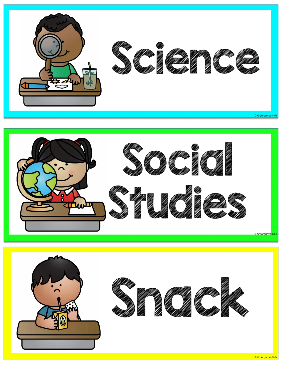 Schedule cards for Science, Social Studies and Snack, with a magnifying glass, a globe and a juice box