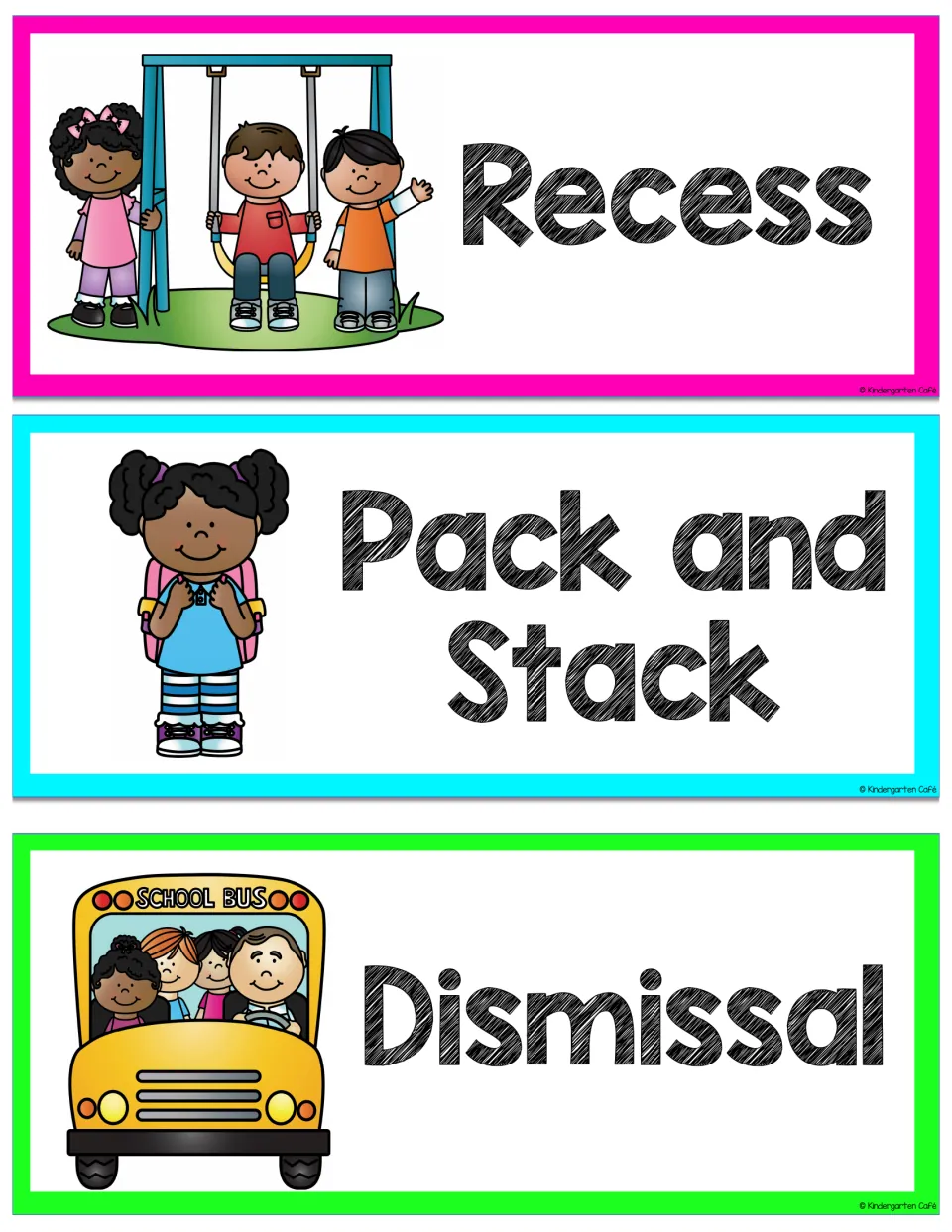 Schedule cards for Recess, Pack and Stack and Dismissal, with kids at a swing set, a girl with a backpack and a school bus