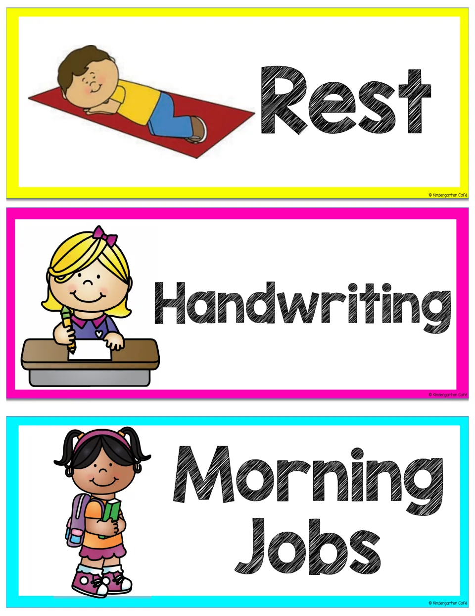 Schedule cards for Rest, Handwriting and Morning Jobs, with a boy napping on a mat, a girl writing and a girl with a book