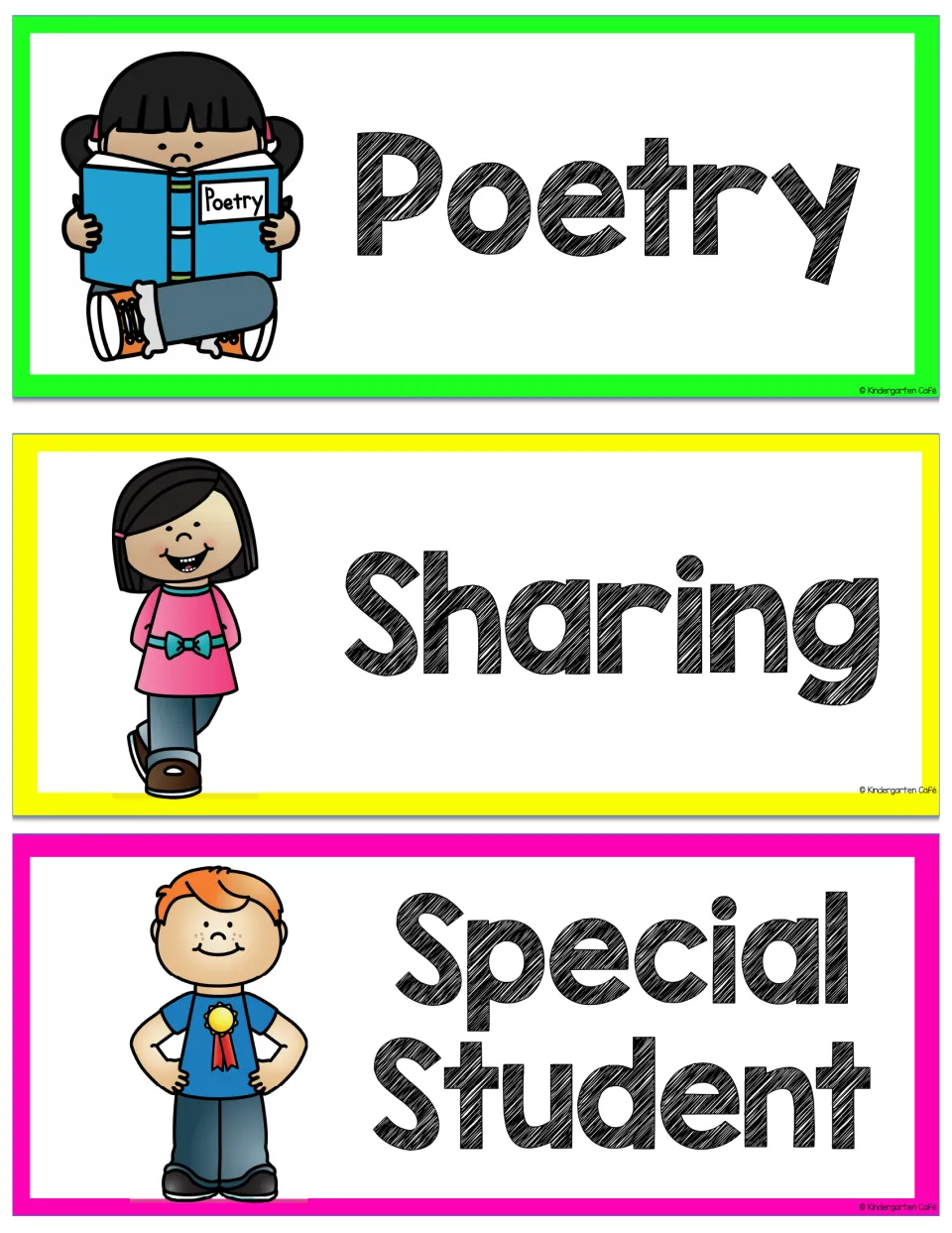 Schedule cards for Poetry, Sharing and Special Student, with a girl reading a poetry book and a boy wearing a ribbon badge