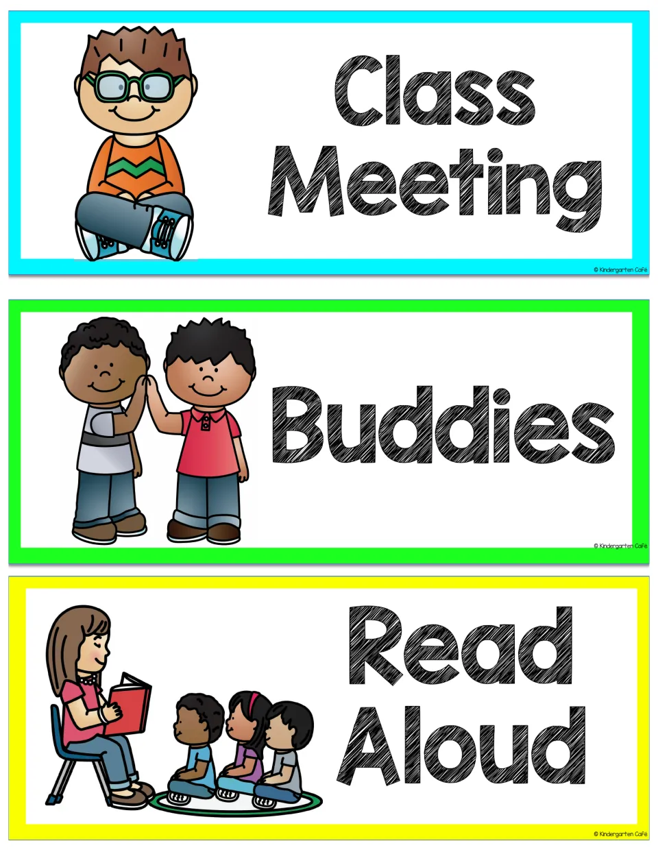 Schedule cards for Class Meeting, Buddies and Read Aloud, with two boys high-fiving and a teacher reading to seated kids