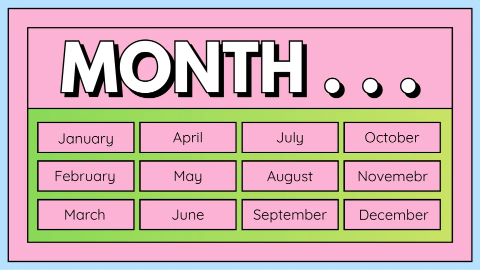 Month slide: students pick the current month from the 12 month names shown, January through December