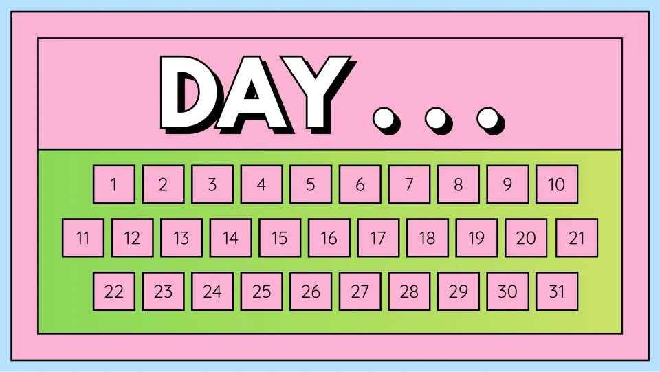 Day slide: students find today's date among the numbers 1 to 31, practising number recognition for the calendar