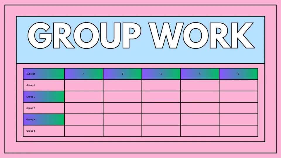 Group Work slide: chart assigning Groups 1 to 5 to subjects across five numbered slots for small-group work