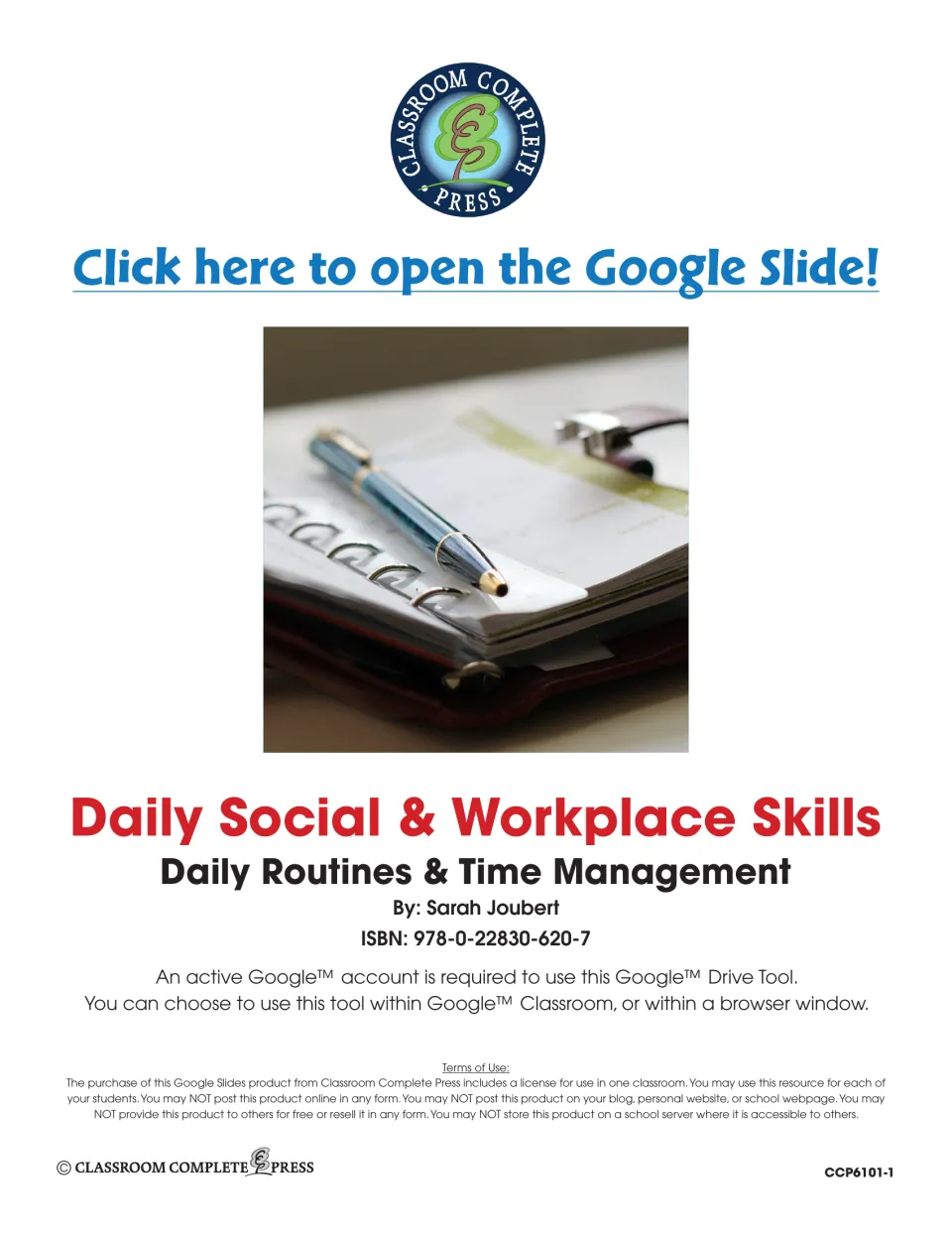 Title page for Daily Social & Workplace Skills by Sarah Joubert with a link to open the Google Slide and terms of use