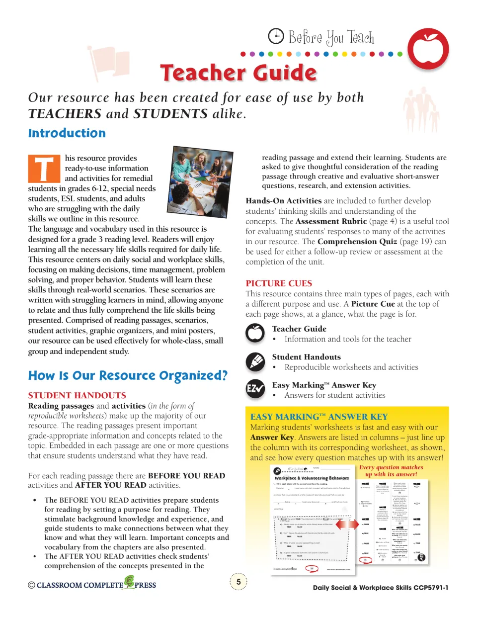 Teacher guide introduction explaining reading passages, before and after reading activities, picture cues and answer key