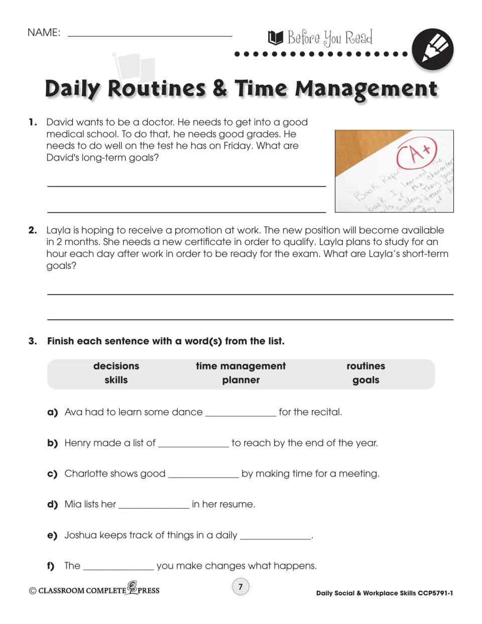 Before You Read on goals: students name long- and short-term goals in two scenarios and finish six vocabulary sentences