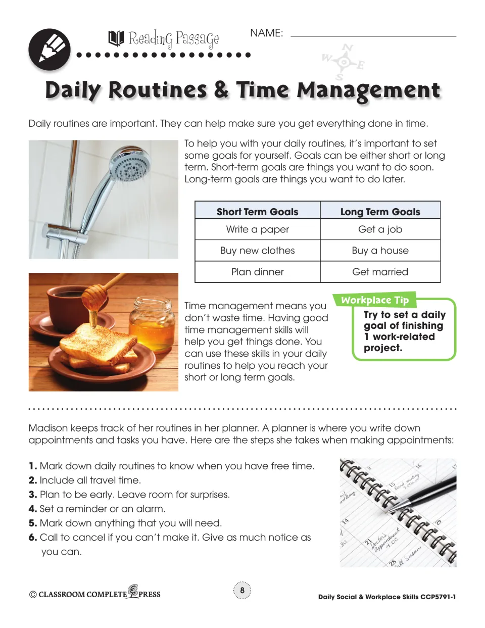 Reading passage on short- and long-term goals and time management, with six steps Madison takes when making appointments